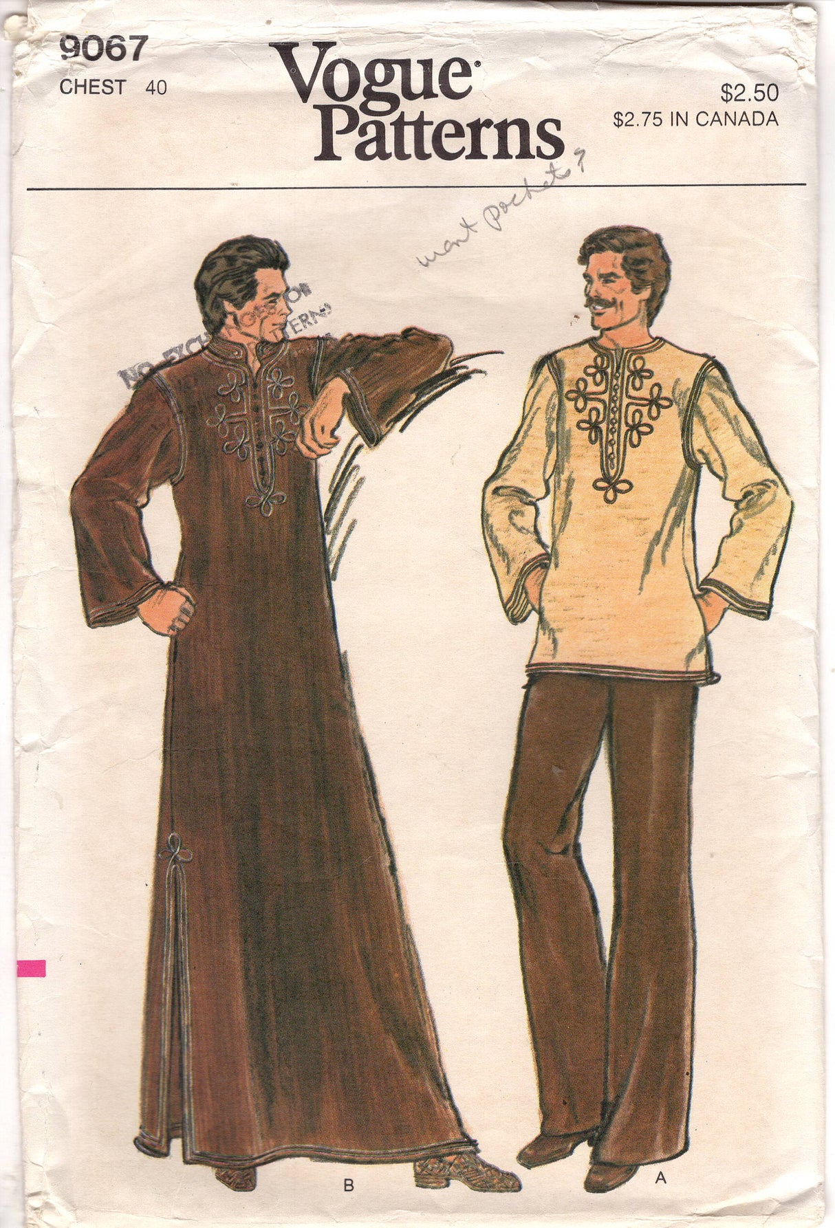 1970's Vogue Caftan or Tunic with Long Sleeves and Pockets - Chest 40" - No. 9067