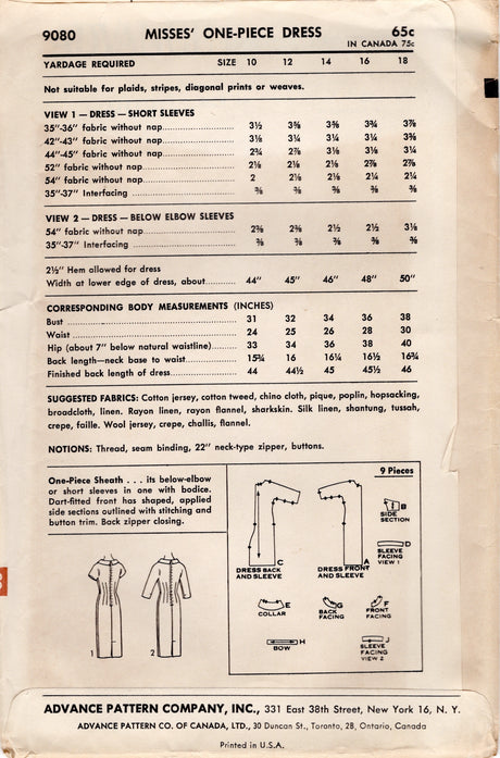 1950's Advance Sheath Dress Pattern with Waist Accents - Bust 34" - No. 9080