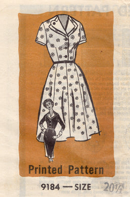 1950’s Mail Order Shirtwaist Dress Pattern with Rever Collar - Bust 41” - No. 9184