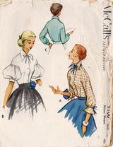 1950's McCall's Drop Shoulder Blouse Pattern with Puff, Long or 3/4 Sleeve - Bust 30"  - no. 9100