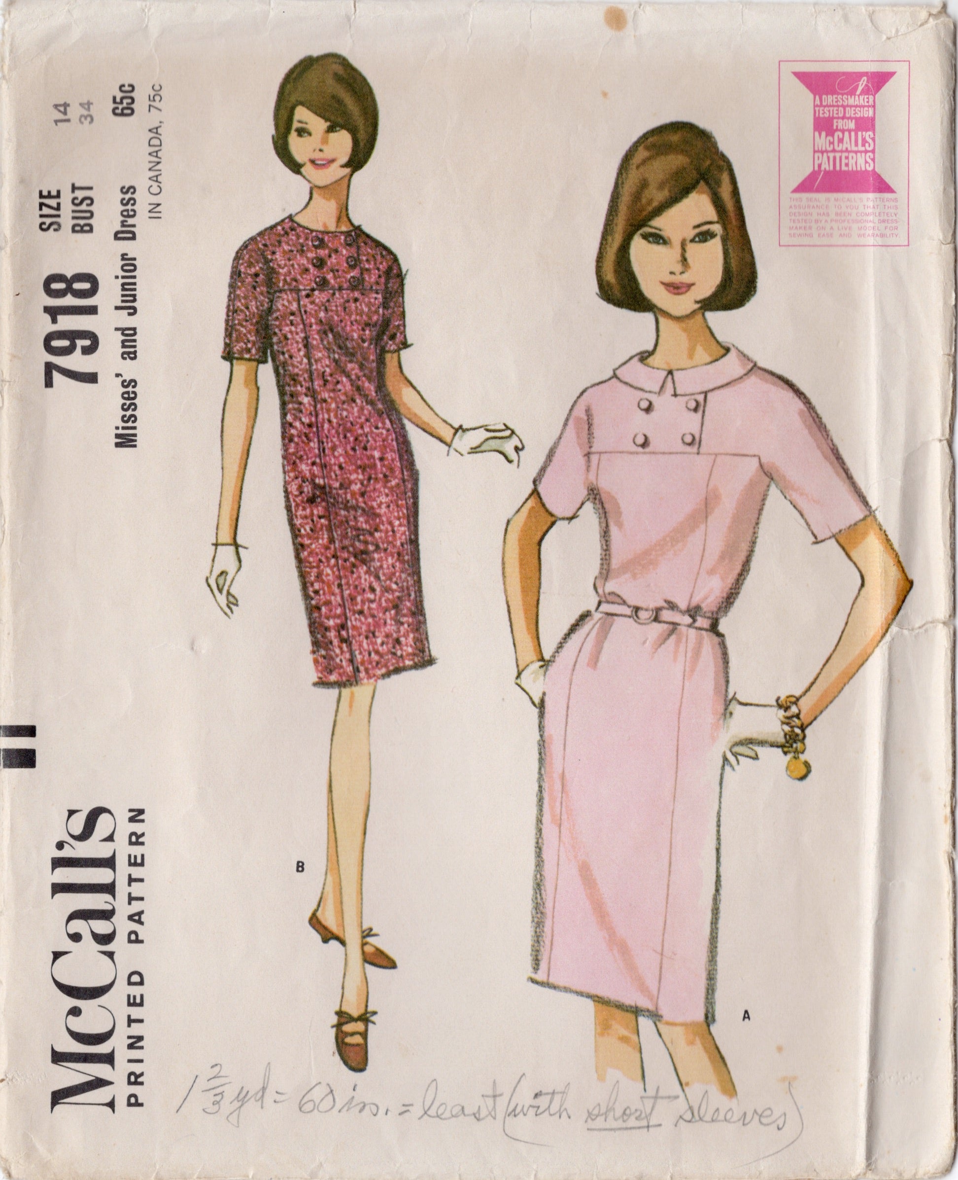 1960's McCall's Yoked One-Piece Shift Dress Pattern - Bust 34 1960's McCall's Yoked One-Piece Shift Dress Pattern - Bust 34