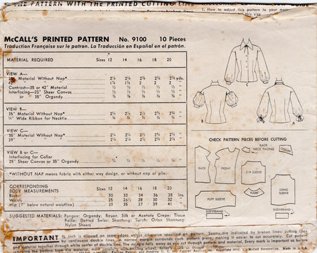 1950's McCall's Drop Shoulder Blouse Pattern with Puff, Long or 3/4 Sleeve - Bust 30"  - no. 9100