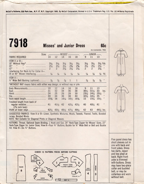 1960's McCall's Yoked One-Piece Shift Dress Pattern - Bust 34" - No. 7918
