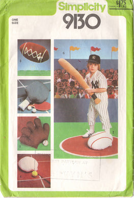 1970's Simplicity Sports Pillows Set Pattern, Baseball bat, Catchers Mitt, Tennis, Football and Table Tennis  - No. 9130