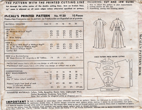 1950's McCall's Button Up Dress, Negligee or Unlined Swing Coat Pattern - Bust 32" - No. 9130