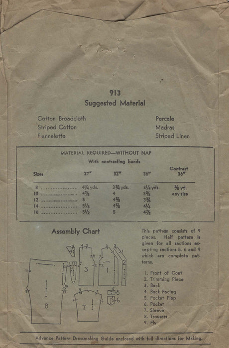 1930's Advance Child's Pajama Pattern - Chest 30" - No.913