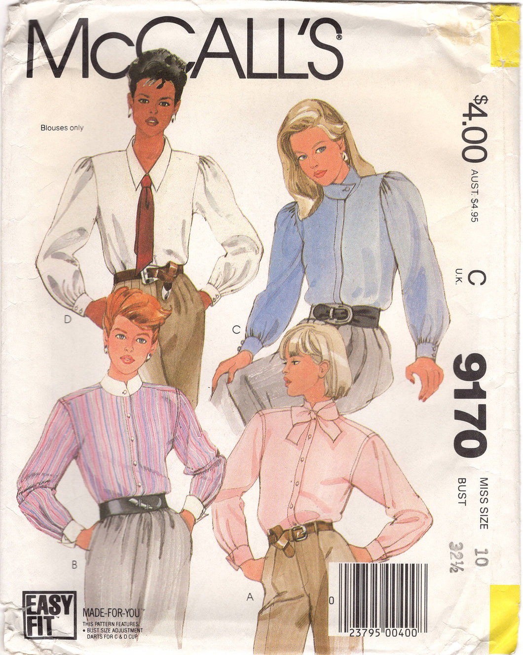 1980's McCall's Button Up Shirt pattern with Gathered Sleeve - Bust 32.5