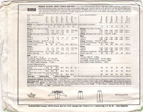 1980's McCall's Gathered Blouse pattern with Large Sleeves and Pencil Skirt or Pants Pattern - Bust 32.5" - No. 9358