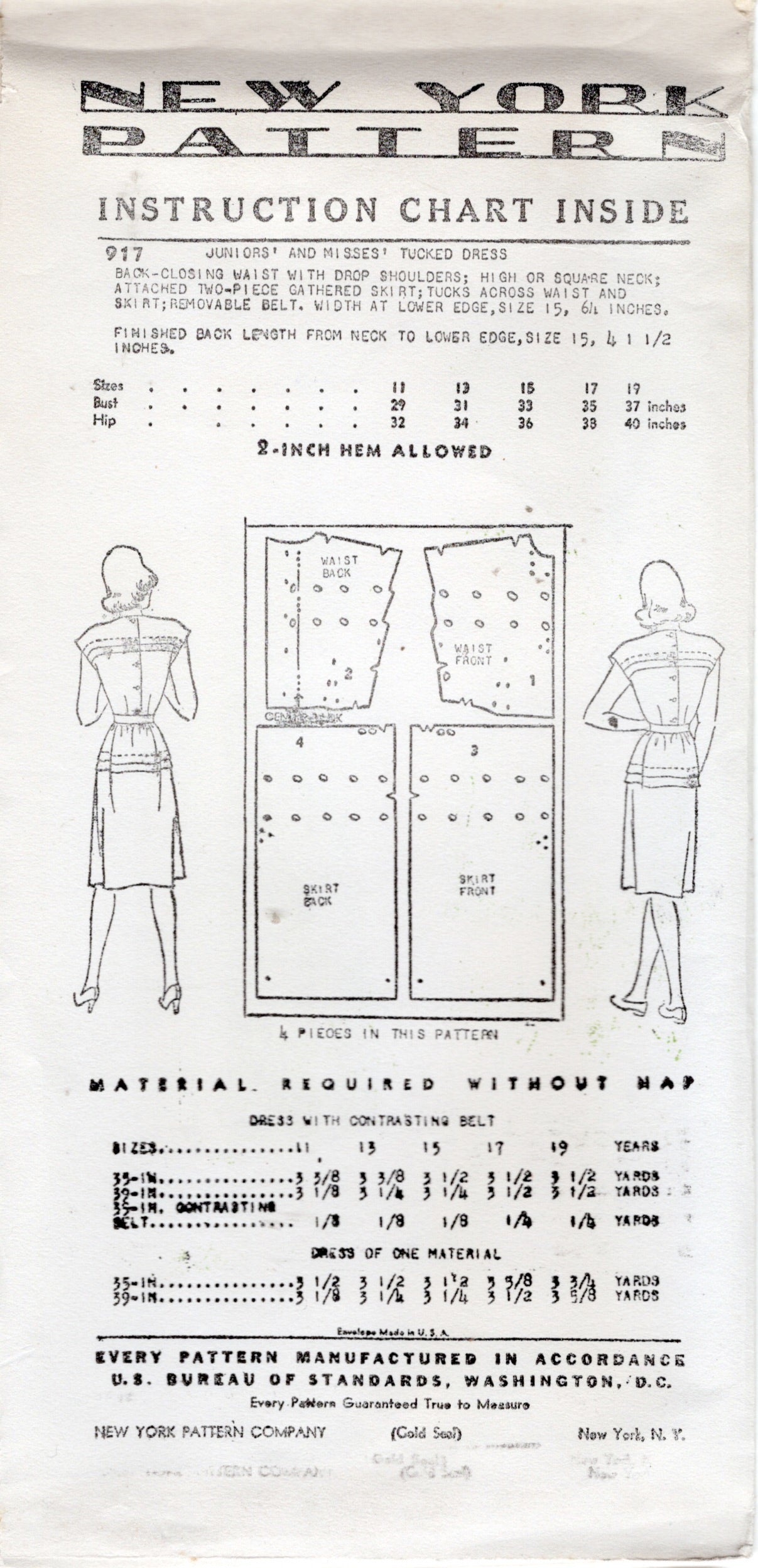 1940's New York One Piece Tucked Detail Dress Pattern  - Bust 31-35" - No. 917