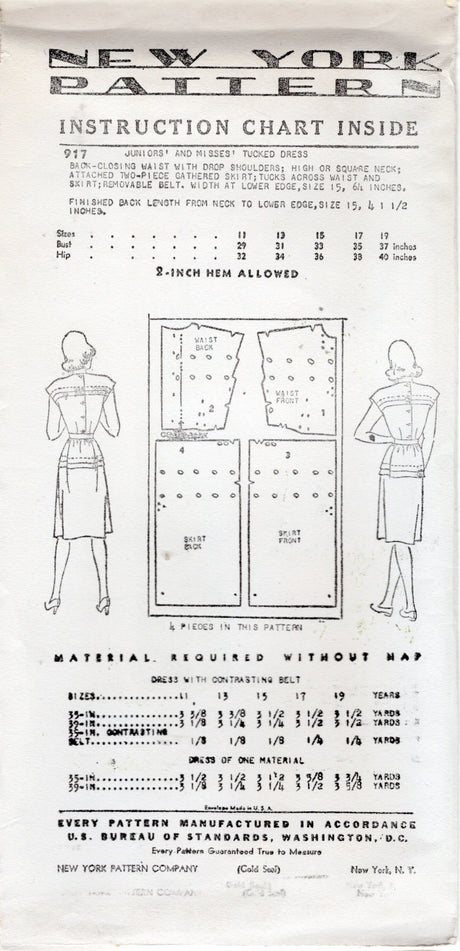 1940's New York One Piece Tucked Detail Dress Pattern  - Bust 31-35" - No. 917