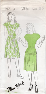 1940's New York One Piece Tucked Detail Dress Pattern  - Bust 31-35" - No. 917