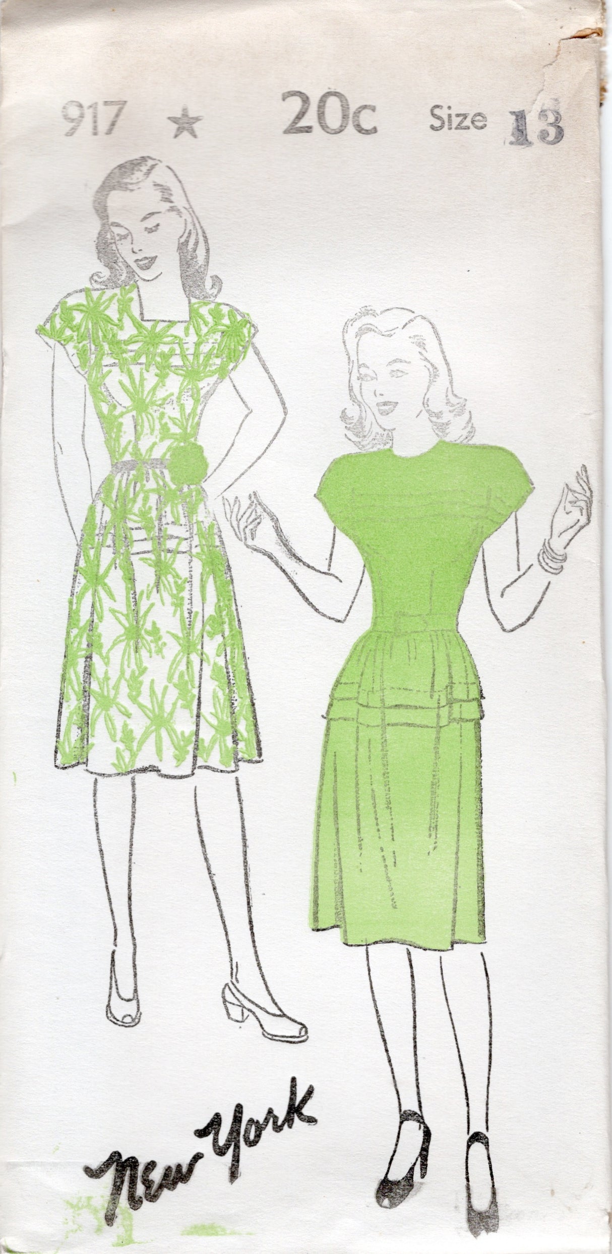 1940's New York One Piece Tucked Detail Dress Pattern  - Bust 31-35" - No. 917