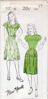 1940's New York One Piece Tucked Detail Dress Pattern  - Bust 31-35" - No. 917