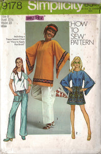 1970's Simplicity Tunic with large Bell Sleeves and Hip Hugger Pants Pattern - Bust 31.5" - No. 9178