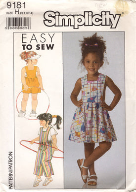 1980's Simplicity Child's Overalls or Pinafore Pattern - Size 2, 3, 4  - No. 9181