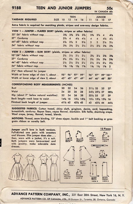 1950's Advance Jumper Sheath or Fit and Flare Dress Pattern  - Bust 30" - No. 9188