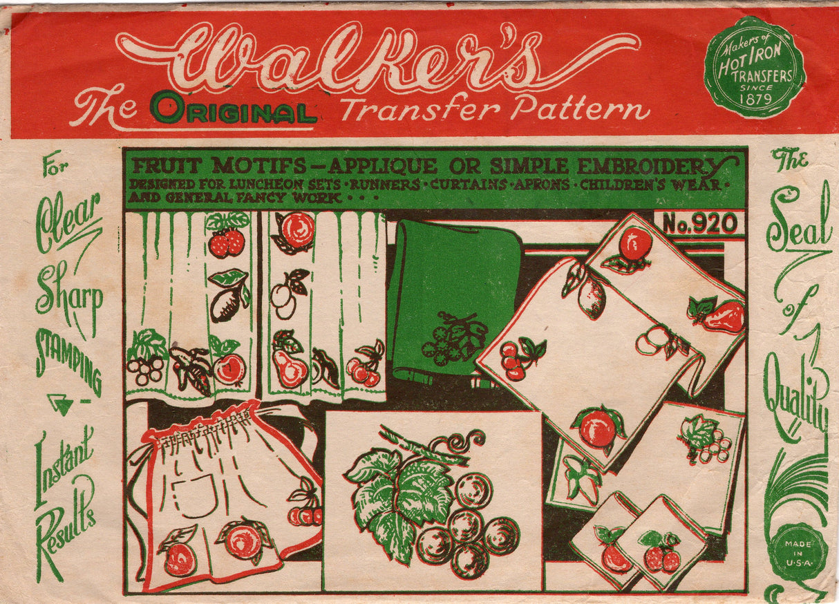 1940's Walker’s Fruit Embroidery Transfer - One Size - No. 920