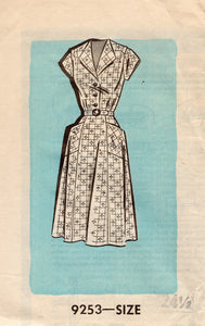 1950's Marian Martin Shirtwaist Dress with Large Pockets and Cap Sleeves - Bust 43" - No. 9253