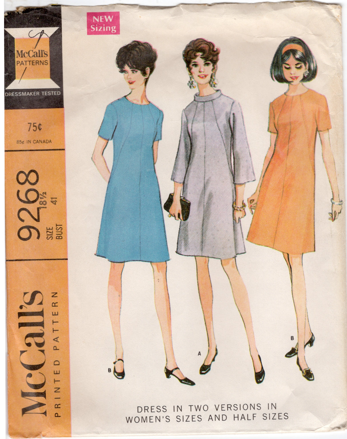 1960's McCall's Accent Panel Dress Pattern with optional standing collar - Bust 41" - No. 9268