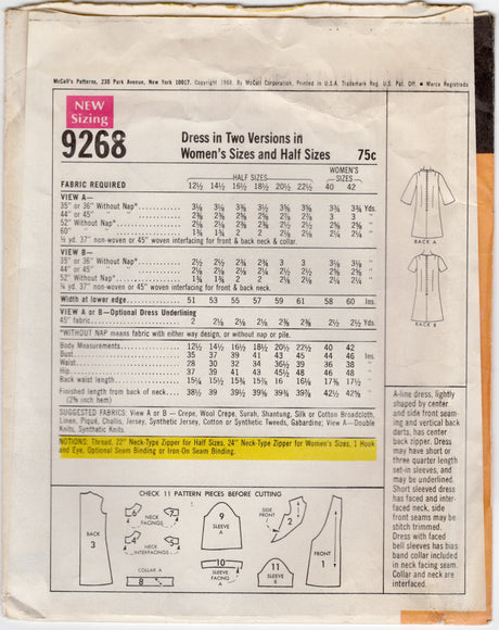 1960's McCall's Accent Panel Dress Pattern with optional standing collar - Bust 41" - No. 9268