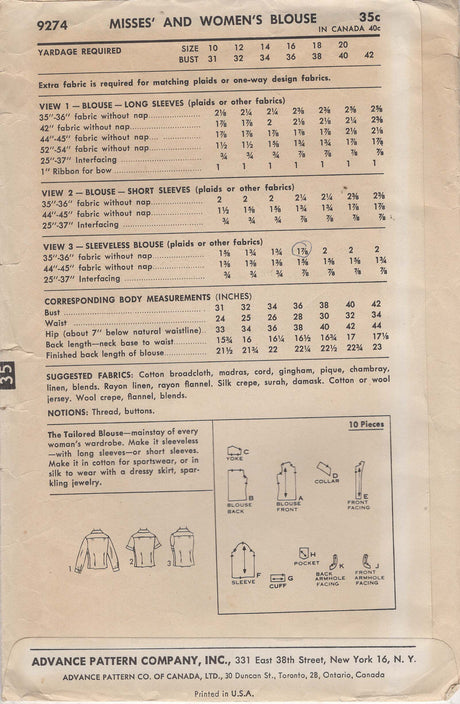 1960's Advance Button up Blouse Pattern - Bust 36" - No. 9274