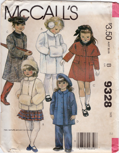 1980's McCall's Toddler Coat, Muff, Capelet and Stirrup Pants - Size 2 - No. 9328