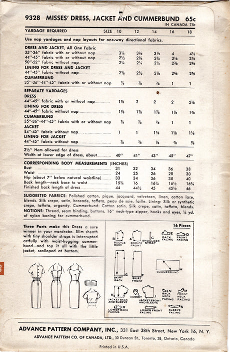 1960's Advance Wiggle Dress with Scalloped Jacket Pattern and Cummerbund - Bust 32" - No. 9328