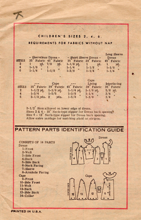 1960's Marian Martin One-Piece Princess Seam Dress and Cape Pattern - Sz 6 - Chest 25" - No. 9345