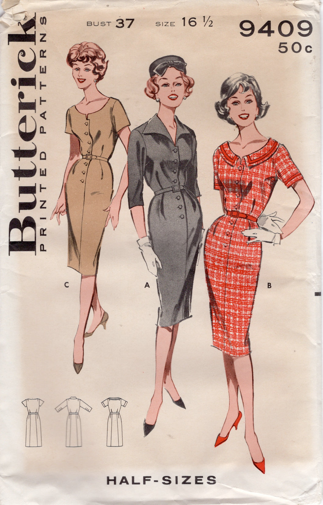 1950’s Butterick Sheath Dress Pattern with 3 Collar Styles - Bust 37” - No. 9409