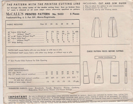 1950's McCall’s Skirt with Exterior Darts Pattern – Waist 24”- No. 9453