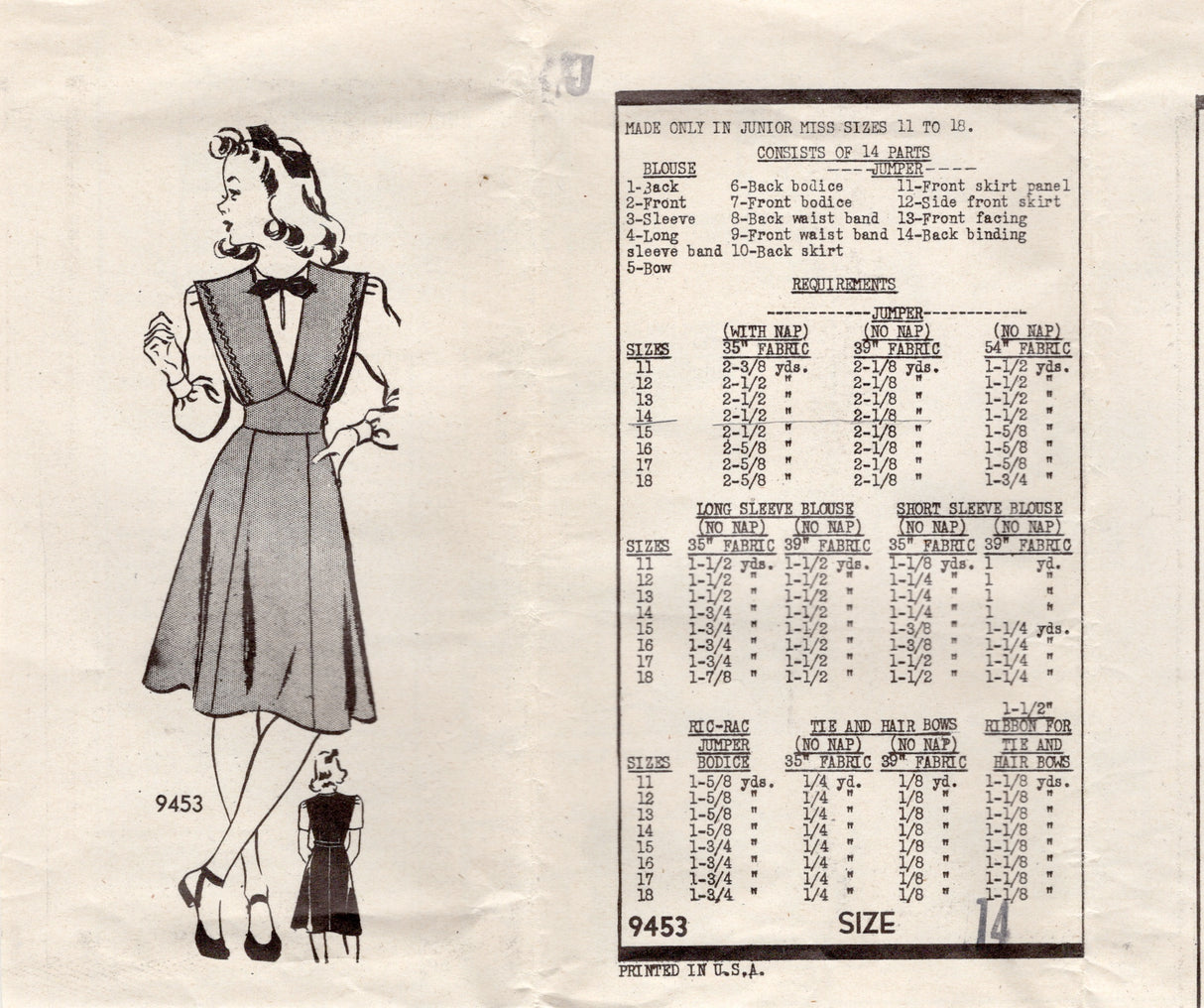 1940's Marian Martin Jumper Dress and Blouse Pattern - Bust 32" - No. 9453
