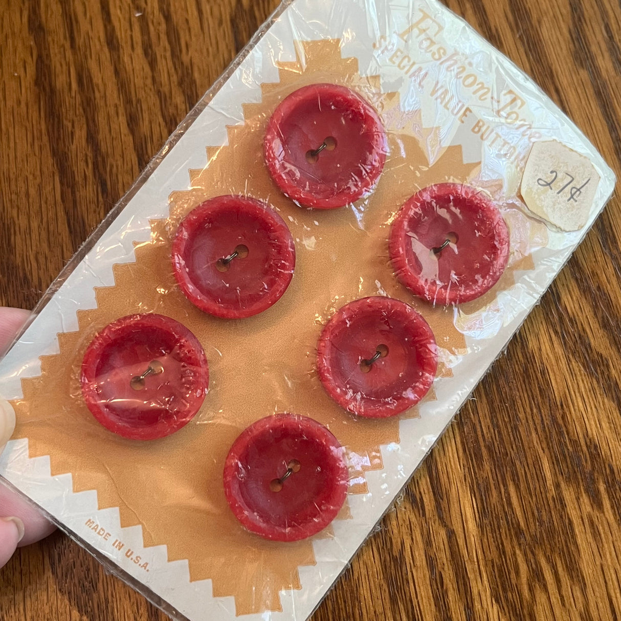 1960’s Fashion-Tone Plastic Buttons - Red - 1 1/8" -  on card