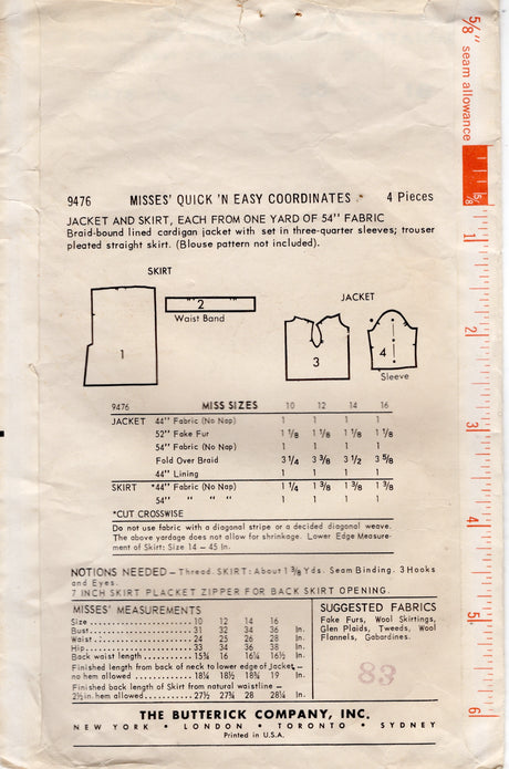 1950’s Butterick One-Yard Line Jacket and Skirt Pattern - Bust 36" - No. 9476