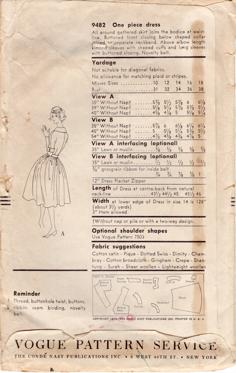 1950's Vogue Shirtwaist Fit and Flare Dress Pattern - Bust 32" - No. 9482