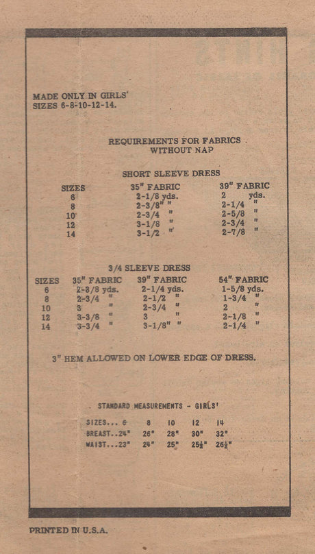 1940's Marian Martin Child’s Yoked Dress Pattern - Chest 28" - No. 9486