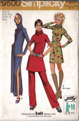 1970's Simplicity Maxi or Tunic Turtle Neck or Hooded Dress and Pants Pattern - Bust 32.5" - No.  9500