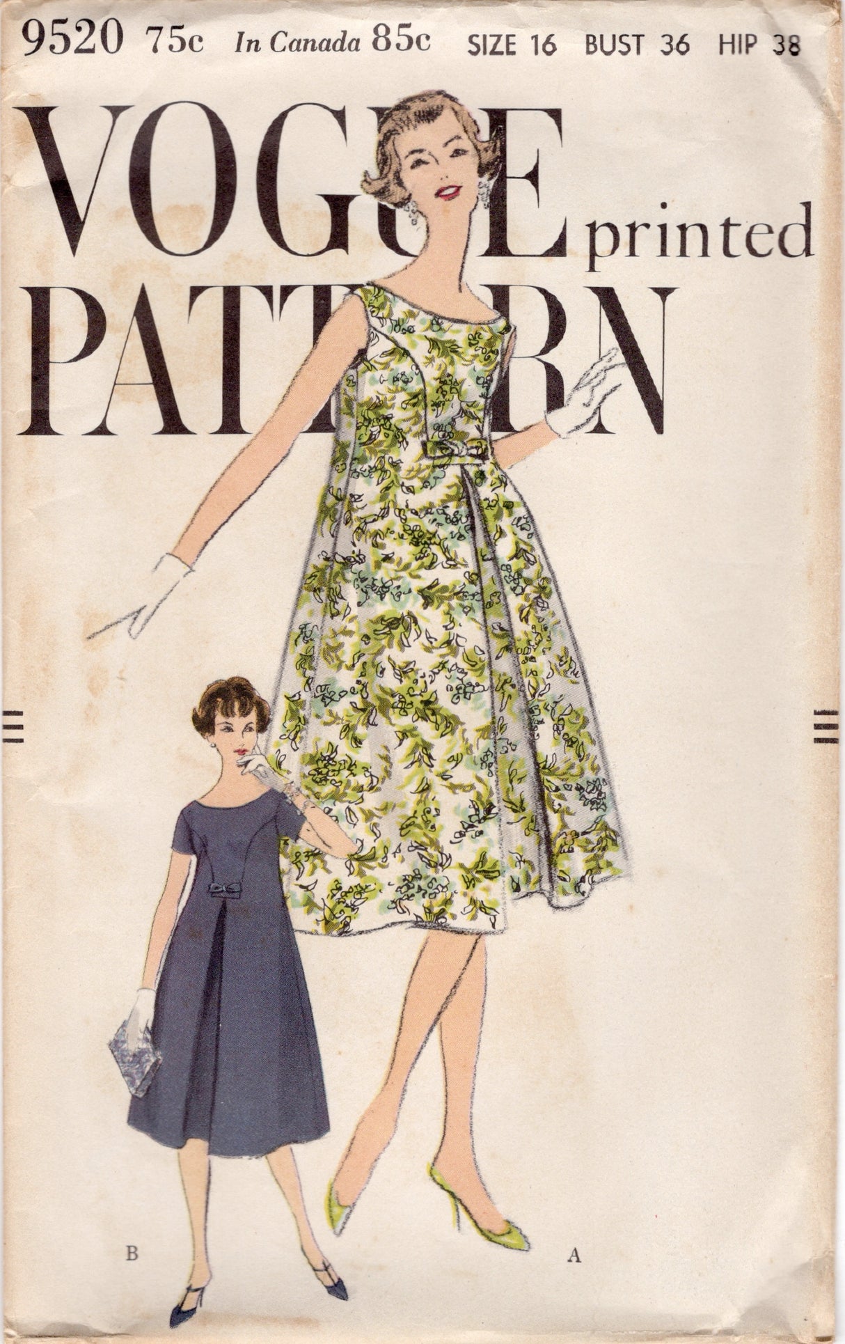 1950's Vogue "Easy-to-Make" One Piece Dress Pattern with Princess Lines - Bust 36" - No. 9520