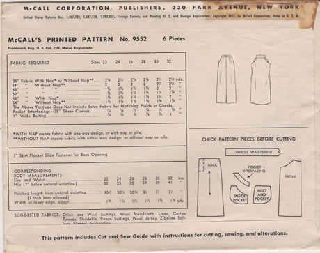 1950's McCall’s Skirt with Pockets Pattern – Waist 24”- No. 9552