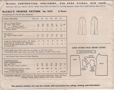 1950's McCall’s Skirt Pattern with Pockets – Waist 24”- No. 9553