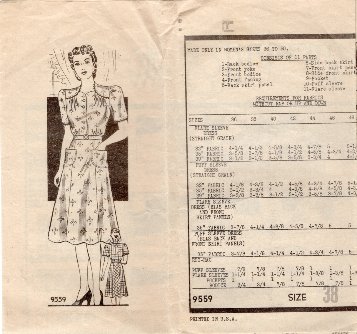 1940's Marian Martin Shirtwaist Dress Pattern - Bust 38" - No. 9559