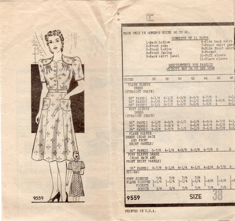 1940's Marian Martin Shirtwaist Dress Pattern - Bust 38" - No. 9559