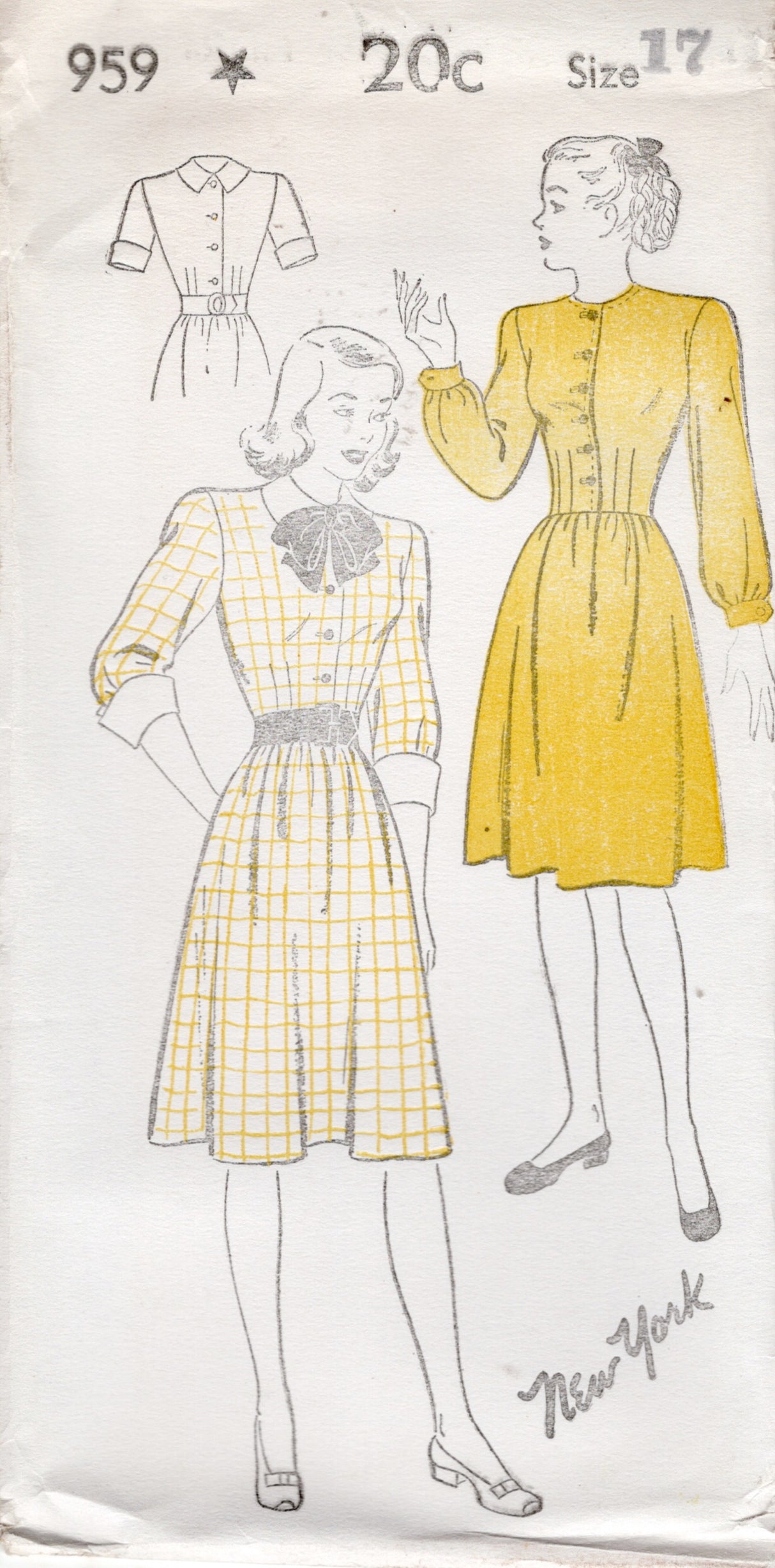 1940's New York Shirtwaist Dress with Detachable Collar - Bust 33-35" - No. 959