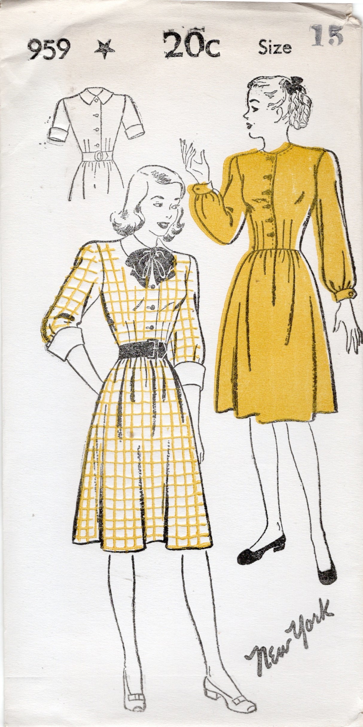 1940's New York Shirtwaist Dress with Detachable Collar - Bust 33-35" - No. 959