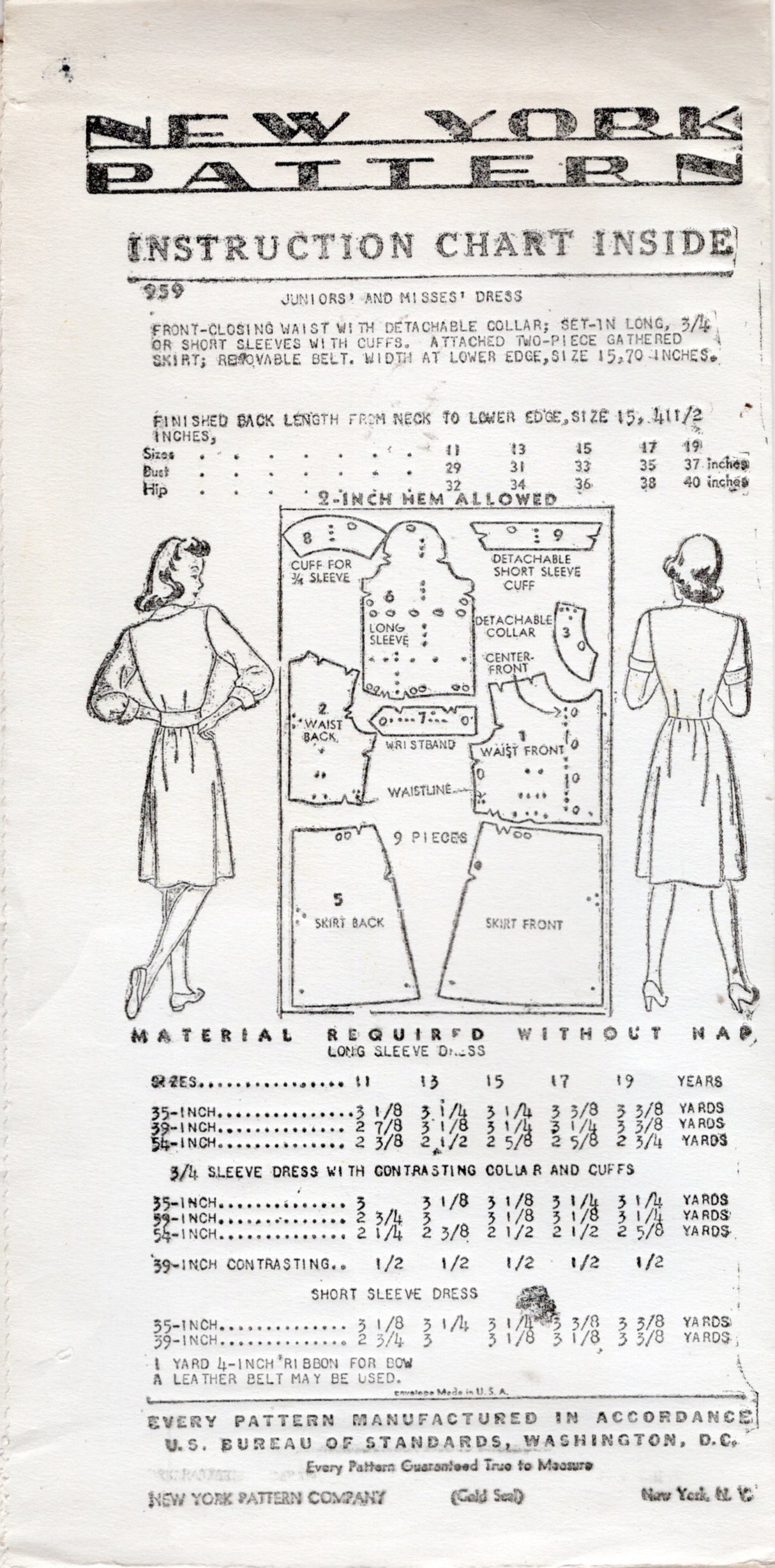 1940's New York Shirtwaist Dress with Detachable Collar - Bust 33-35" - No. 959