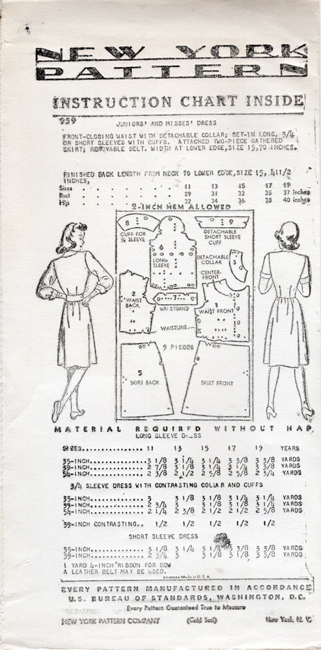 1940's New York Shirtwaist Dress with Detachable Collar - Bust 33-35" - No. 959