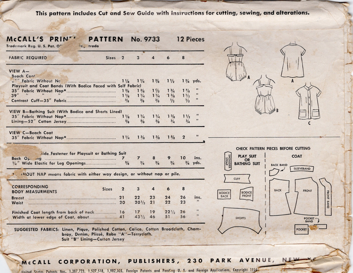 1950's McCall Child's Playsuit or Bathing Suit, Beach Coat Pattern - Chest 23" - No. 9733