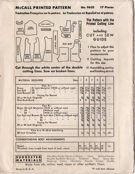 1930's McCall Child's Sunsuit or Bathing Suit, Bonnet and Dress Pattern - Chest 24" - No. 9635