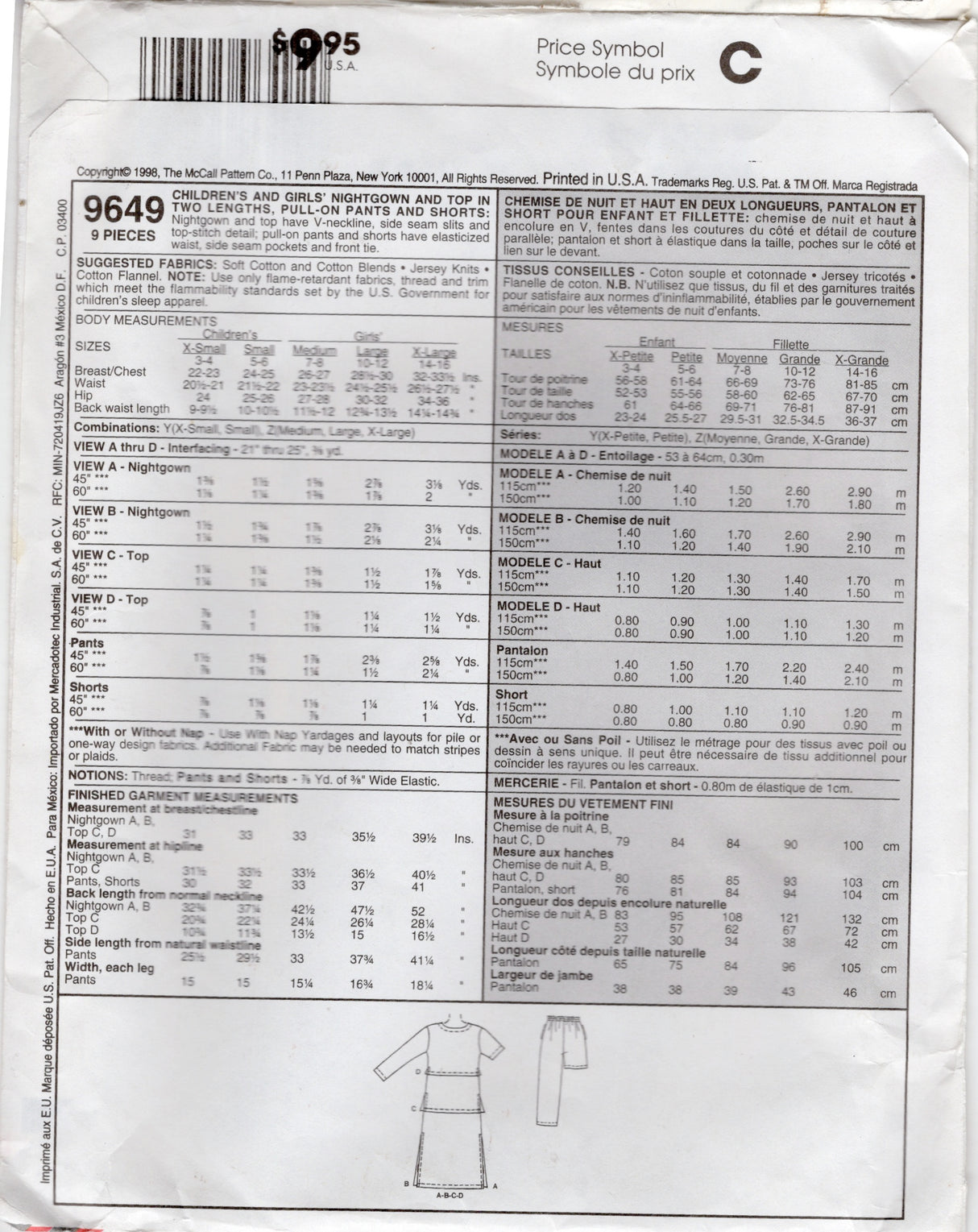 1990's McCall's Child's Pajamas or Nightgown pattern - Chest 26-33.5" - No. 9649