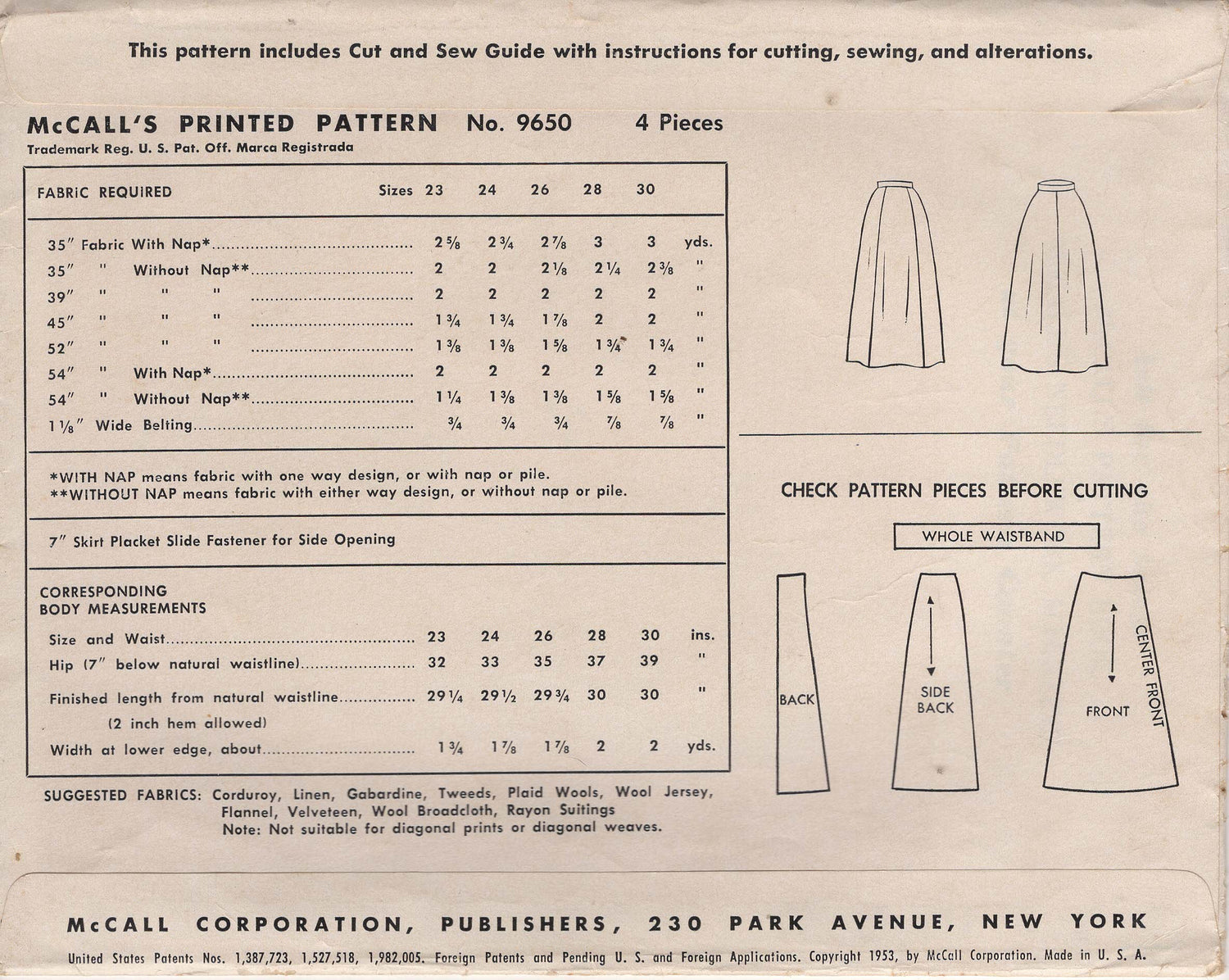 1950's McCall's 5 Gore Skirt Pattern - Waist 24