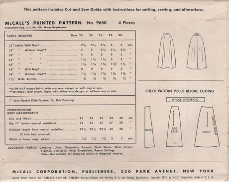 1950's McCall's 5 Gore Skirt Pattern - Waist 24" - No. 9650